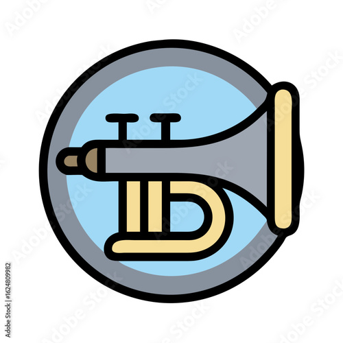 Cornet brass wind instrument with mouthpiece and bell on plain background, symbolizing orchestral music, marching band performance, and classical wind ensemble traditions
