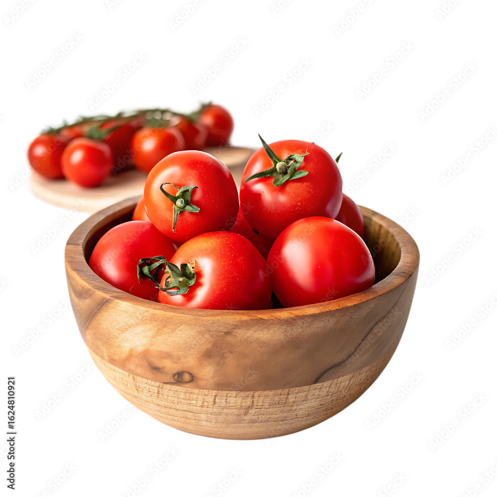 Wooden bowl filled with red tomatoes isolated on a transparent background png Wooden bowl filled with red tomatoes isolated on a transparent background png