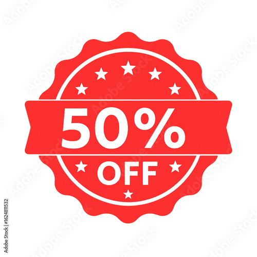 Red and white sale sticker featuring fifty percent off with star accents and scalloped edge design