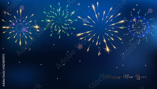 New Year's fireworks on deep blue! Sparkly and celebratory background. Vector design for invitations, cards, and events. Happy New Year! Space for text.