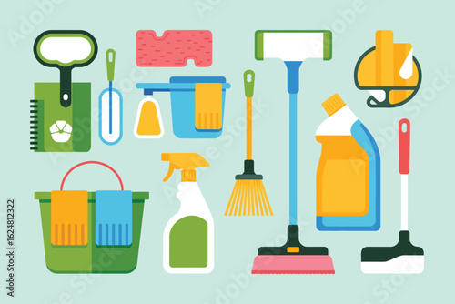 An illustration showing various cleaning supplies like a bucket, spray bottle, and different types of mops