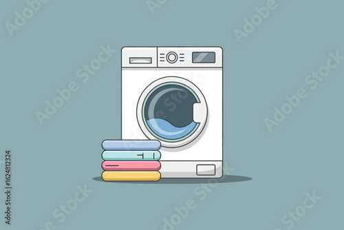 A white washing machine with water inside and a stack of folded clothes in front on a blue background