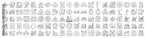 Collection of thin line icons representing petroleum industry elements and related processes
