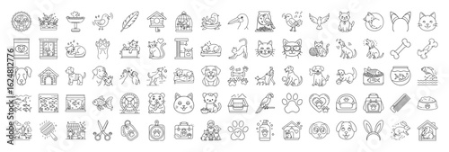 Line Art Icons Depicting Common Household Pets and Their Accessories Collection