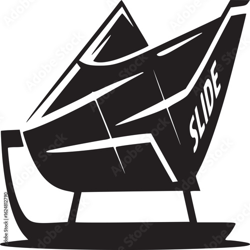 A stylized black and white illustration of a sled with the word slide on the side panel design