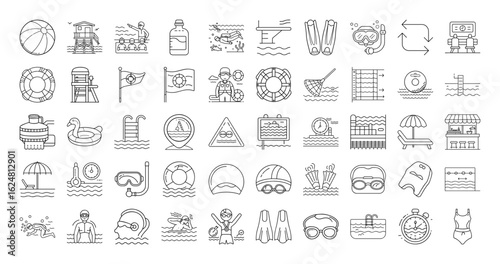 A collection of swimming pool related icon designs in vector format