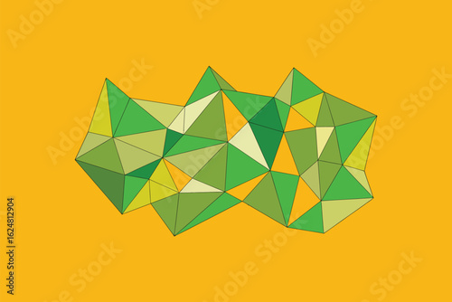 A geometric arrangement of green and yellow triangles forming a cluster on a yellow background plane