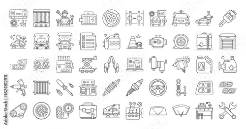 Diverse array of automotive service and repair icons in a minimalist line art style