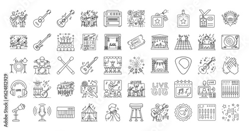 Icon set representing live music and entertainment event related elements