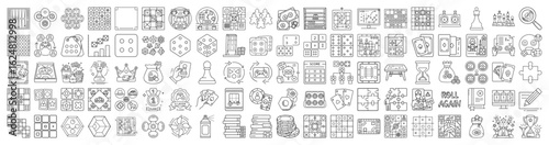 Monochrome line art icons showing various games and gaming related concepts