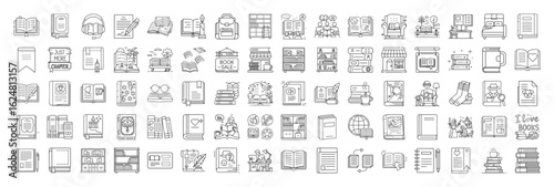 Diverse collection of bookrelated linear icons, representing reading, education, and book culture