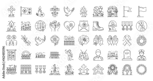 Line art icons for Remembrance Day, Veterans Day, and Memorial Day