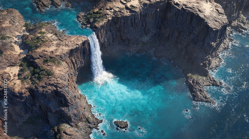 Obraz premium Aerial view of a majestic waterfall cascading from high cliffs into a vibrant turquoise pool, surrounded by rugged, desert-like terrain and a rocky coastline