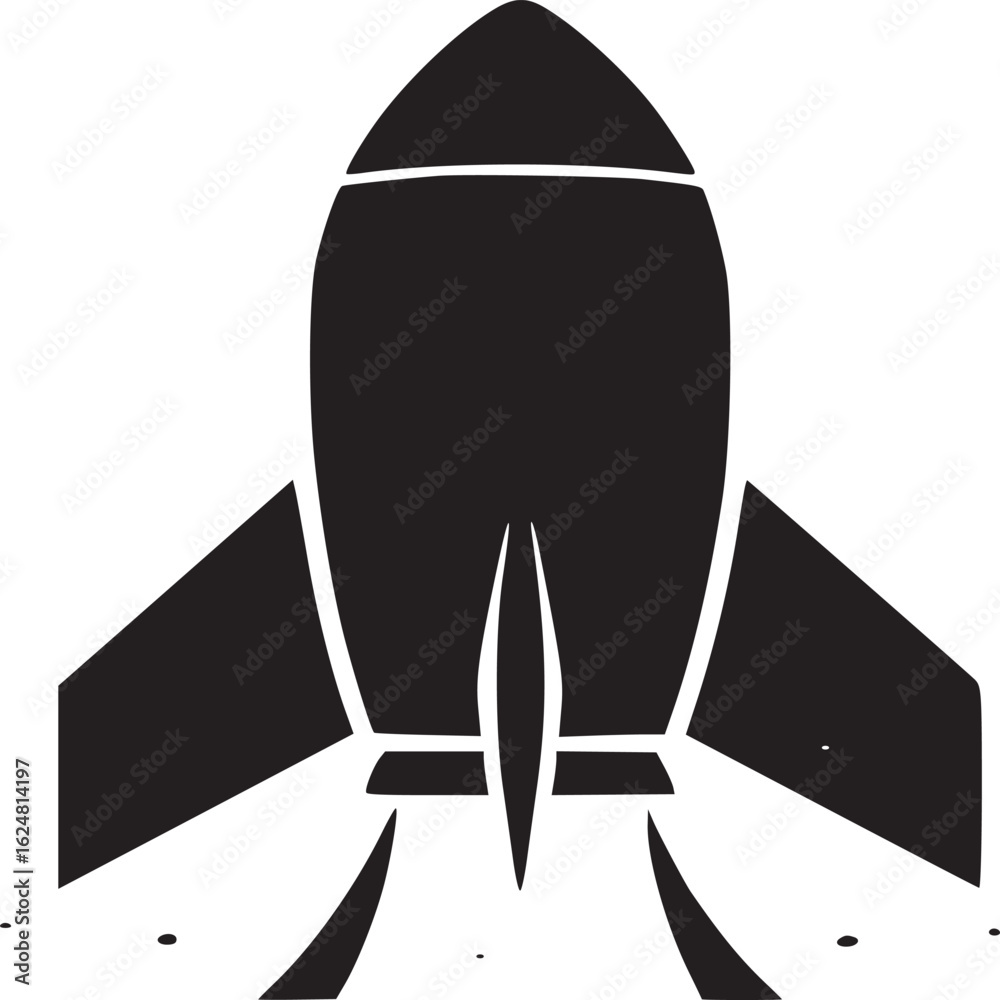 Fototapeta premium A stark black and white illustration of a rocket ship launching against a bright white background space