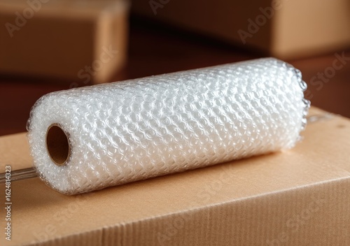 Rolled-up bubble wrap rests on cardboard boxes