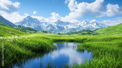 Serene mountain landscape featuring lush green grass, calm pond, and majestic snow capped peaks under bright blue sky