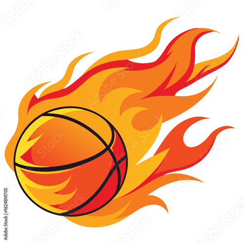 Dynamic basketball engulfed in vibrant flames symbolizing intense energy passion and fiery competition on the court