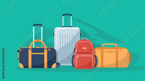 Illustration of luggage set including suitcase duffel bags and backpack against a teal background