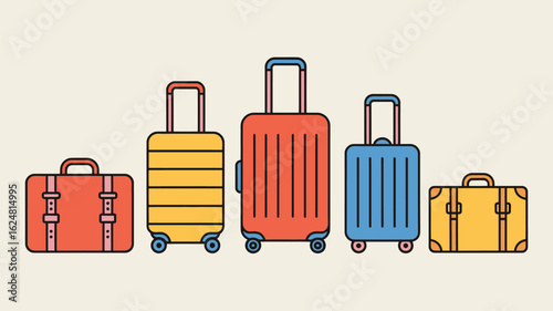 A simple illustration of five colorful suitcases of various sizes lined up on a light background