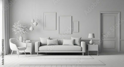 Fototapeta Naklejka Na Ścianę i Meble -  A modern minimalist room designed entirely in a single monochrome color scheme. The walls, furniture, floor, and decor all share variations of the same hue, creating a harmonious and immersive