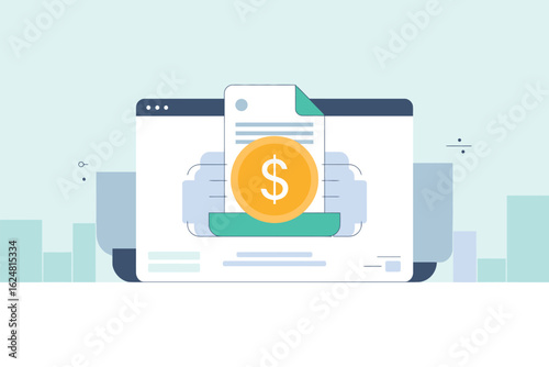 Illustration of a document with a dollar sign on it inside a computer screen with bars in background