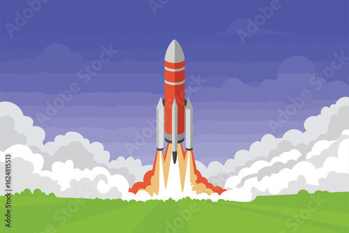 A cartoon rocket launching from a green field with clouds and blue sky in the background illustration