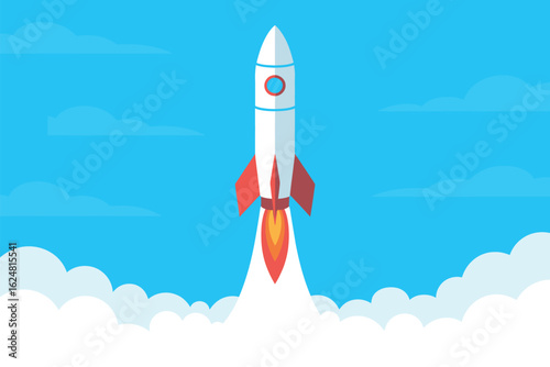 A cartoon rocket launching into a blue sky with clouds and a trail of smoke rising from the bottom