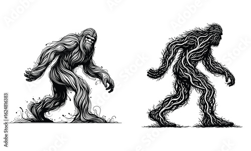 Two bigfoot sasquatch figures walking in a textured silhouette style
