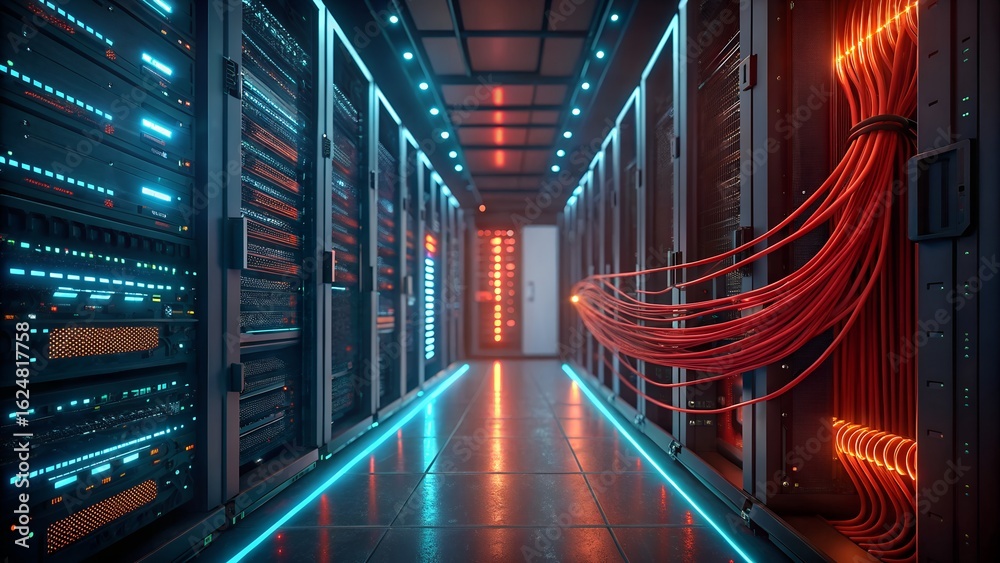 Fototapeta premium Modern data center with glowing servers and organized network cables in a secure server room