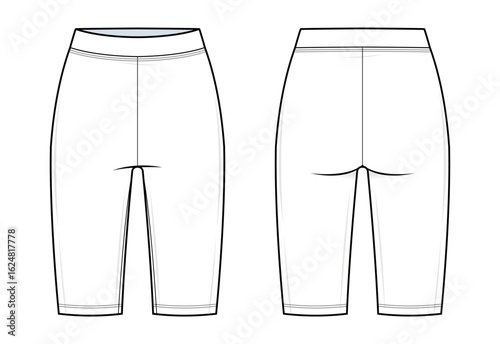 Knee-Length Leggings High-Waisted Leggings Technical Fashion Illustration. Women’s Knee-Length Leggings Vector Template. Front and Back View. Comfortable Fit. White Color. CAD Mockup.