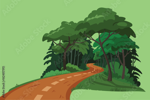Winding road through a cartoon forest with green trees and a light green background in a simple style
