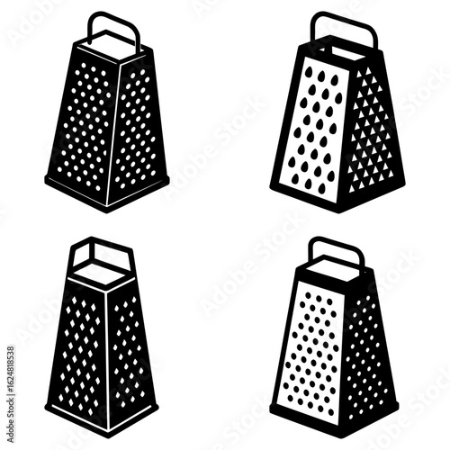 Four black and white illustrations of box graters with different hole patterns and handle designs