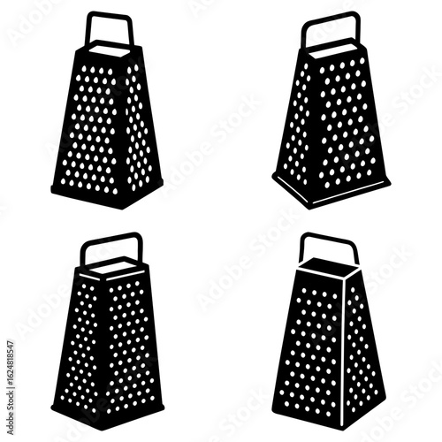 Four black and white graters with handles and perforated surfaces arranged in a symmetrical pattern