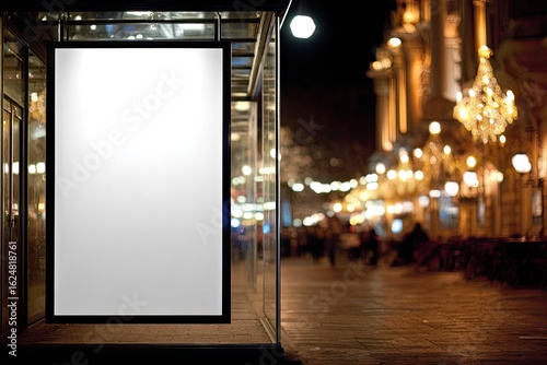 Blank billboard in a city street at night.