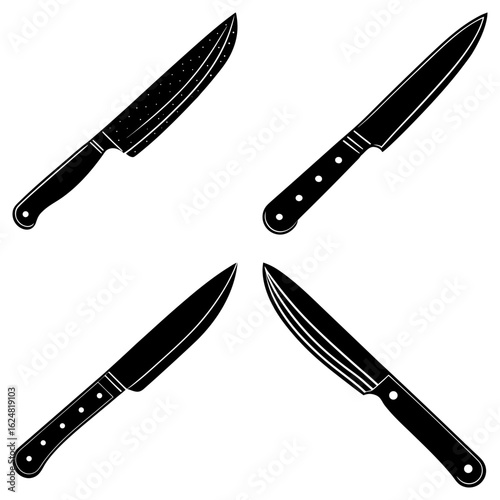 Four black and white knives arranged in a square pattern with different blade and handle designs shown
