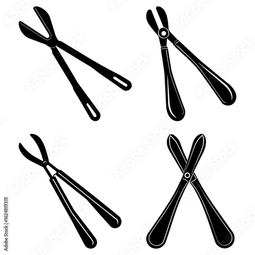 Illustration of four black and white bone cutting forceps in various open and closed positions on white