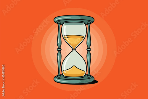 A cartoon illustration of an hourglass with sand in the top and bottom on an orange background color
