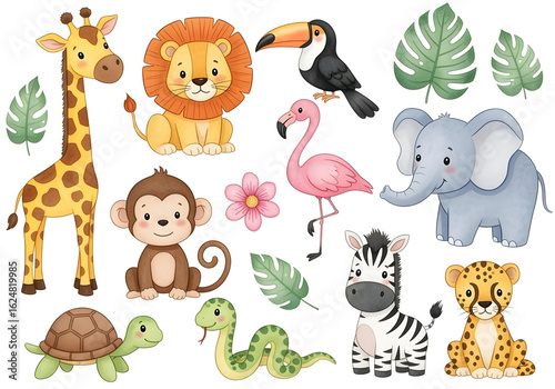 Fototapeta Naklejka Na Ścianę i Meble -  cute jungle animals cartoon kids clipart illustration for birthday invitations