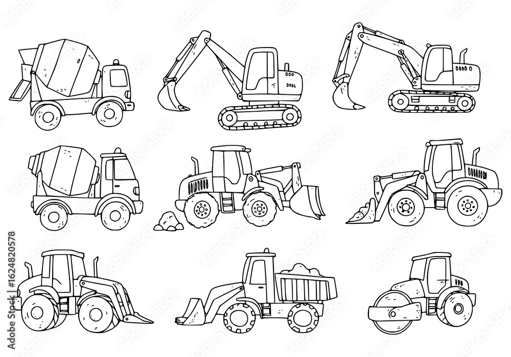 Fototapeta premium Construction vehicle silhouettes of mixer, excavator, loader, and roller for industrial projects