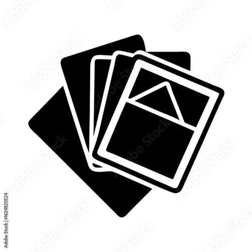 Minimalist vector icon of a hand of fanned-out playing cards, a black and white symbol for a tabletop game or strategy