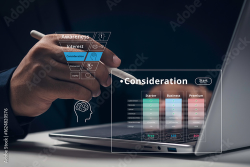 Consideration Phase in Customer Funnel Decision Process, Customer comparing pricing plans, Represents the consideration stage in funnel marketing concept, customers evaluate options before purchase
