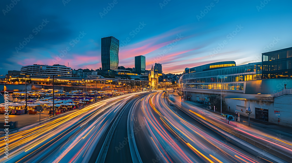 Fototapeta premium Harbor Cityscape At Blue Hour With Glowin