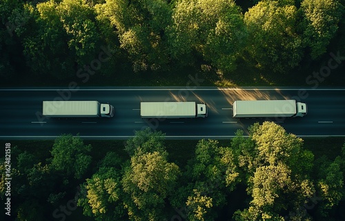 Aerial view of three large trucks driving along a highway surrounded by lush green trees, showcasing transportation and nature harmony