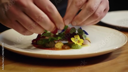 Gourmet dish being prepared with edible flowers