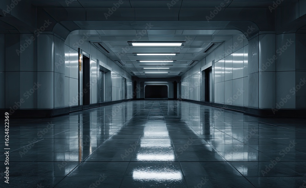 Fototapeta premium Long, empty hallway. Sleek, modern interior. Reflecting floor