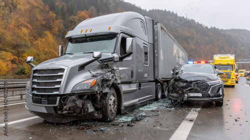 Truck and car crash on highway. Road safety insurance concept.