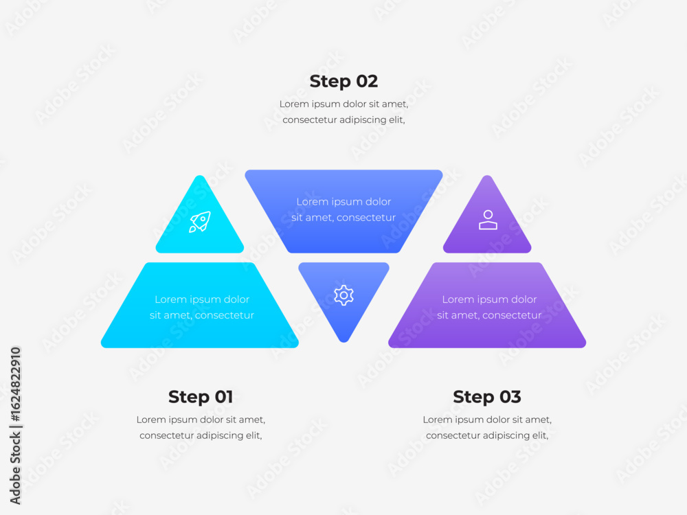 Modern infographic design featuring triangular shapes and text elements in vibrant colors, useful for presentations or educational content. Template with 3 steps or processes