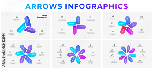 Set of infographic templates featuring cycle arrows for data visualization, ideal for presenting concept, or comparisons for educational purposes. Diagrams with 3, 4, 5, 6, 7 and 8 steps or processes