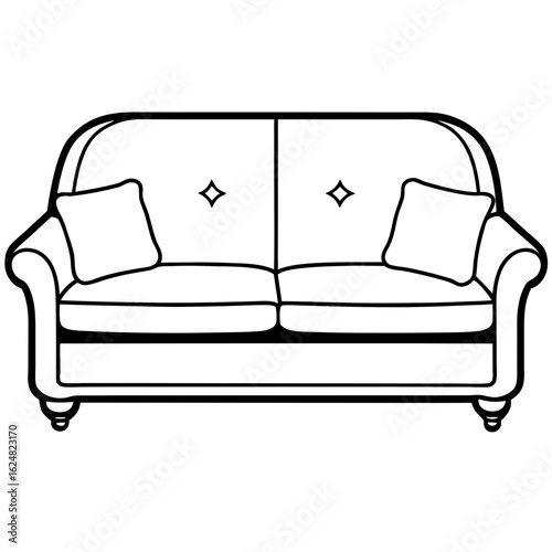Modern couch with cushions – black line art vector
