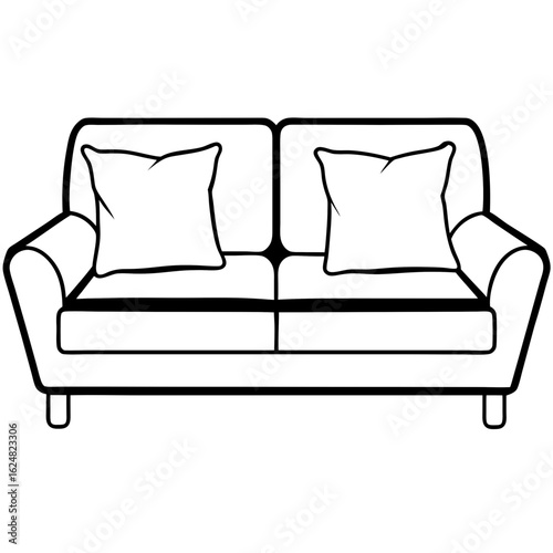 Modern couch with cushions – black line art vector